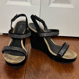 Kenneth Cole Reaction Black Wedges with Rhinestone Straps- Women’s Size 10